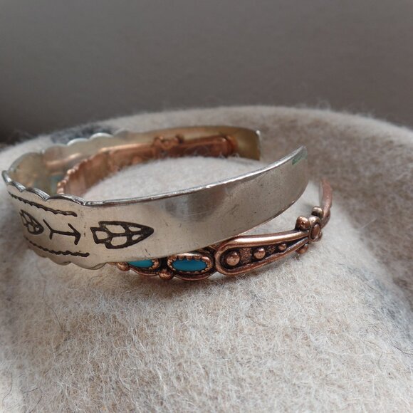 Set of 2 CUFF Bracelets Copper w/ Faux Turquoise & Silver Color Faux Turquoise - Picture 5 of 5